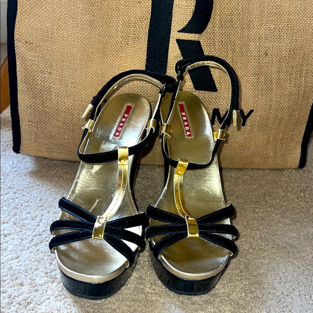 Prada Women's Vintage Black and Gold Platform Sandals Authentic
